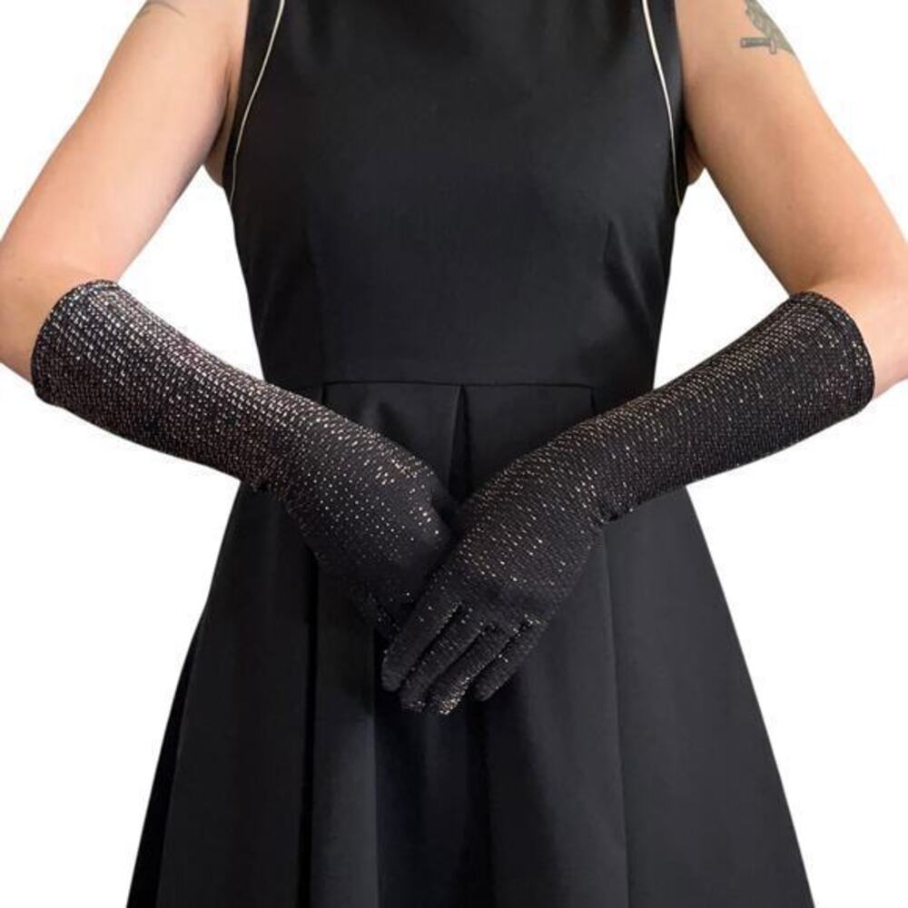 Vintage Sparkling Silver Black Long Forearm Gloves - Size S